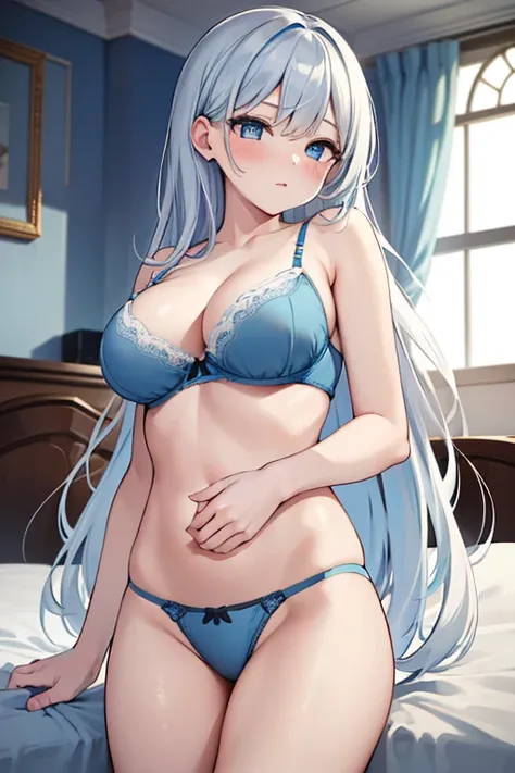 ((Best Quality)), ((Masterpiece)), (detailed), white hair, blue eyes,, (((blue color bra))), (((blue color underwear))), (((blue color lingerie))), sexy, large breast, bed