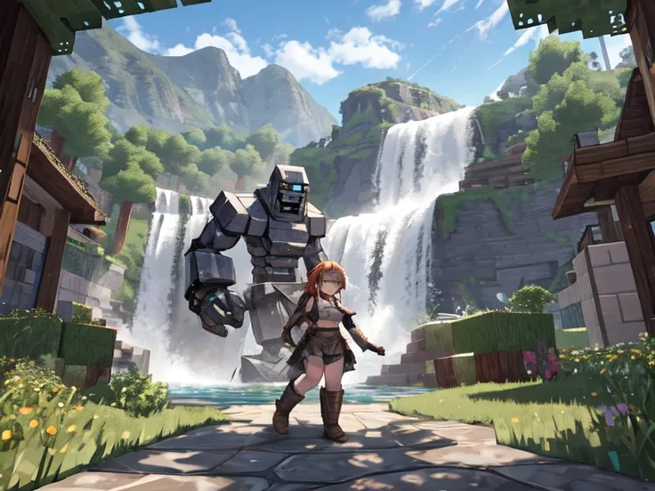 Large iron golem from minecraft and a little girl, against the backdrop of mountains and a waterfall