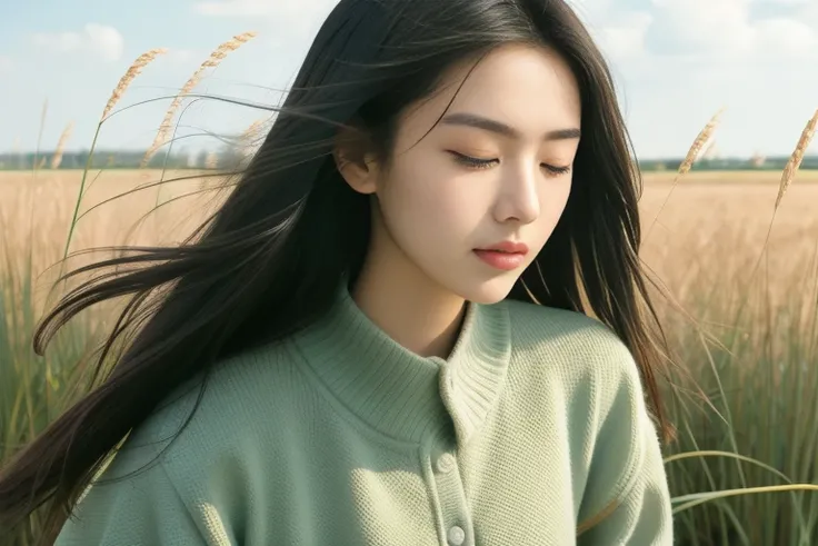 18-year-old girl，sportrait，sideface，完全的sideface，sideface，With his eyes closed，long eyelasher，the detail，prette，incomparable beauty，being thin，blanche，calm countenance，Intoxicated expression，Green reeds taller than people，green reed，green reed，Endless reed ...