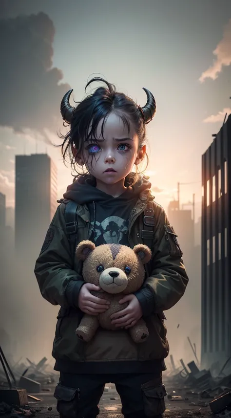 (best quality,4k,8k,highres,masterpiece:1.2),ultra-detailed,(realistic,photorealistic,photo-realistic:1.37),a post-apocalyptic creature standing in front of a child,illustration,dark and gritty,scary atmosphere,ruined city background,ominous lighting,monst...