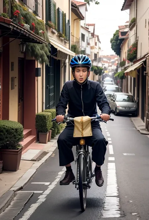 Um ciclista homem vestido de papai Noel, is on a tree-filled street with wide sidewalks, passeios largos