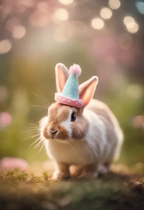 a whimsical shot of a bunny wearing a tiny Easter hat or bowtie, with a bokeh background of pastel colors, creating a festive and charming atmosphere