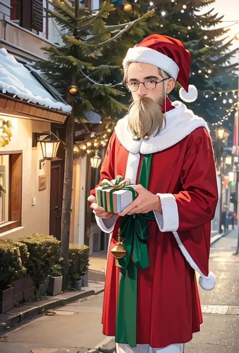 Um ciclista homem vestido de (papai Noel:1.5), is on a tree-filled street with wide sidewalks, passeios largos