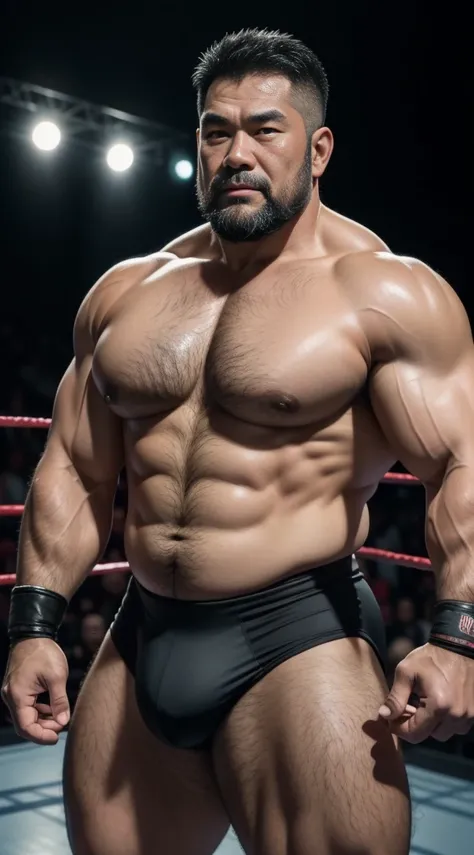 Middle aged，solo person，male people，Muscular wrestler，musculous，Stout wrestler，Asian people，uncle，60岁的Middle aged，short hair，short detailed hair，Wrestling bootull body like，Panorama Figures，WWE Ring，WWE American professional wrestling，spotlight lights，shad...