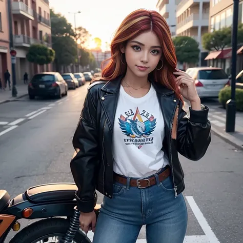 1 hermosa chica , 17yr old , adolesente americana ,Sunsethuman , Sunset Shimmer from my little pony, Sunset Shimmer in the form of a girl , ojos color turquesa ,pechos grandes , pechos voluminosos, pechos firmes , sexy , blusa azul , small black jacket wit...