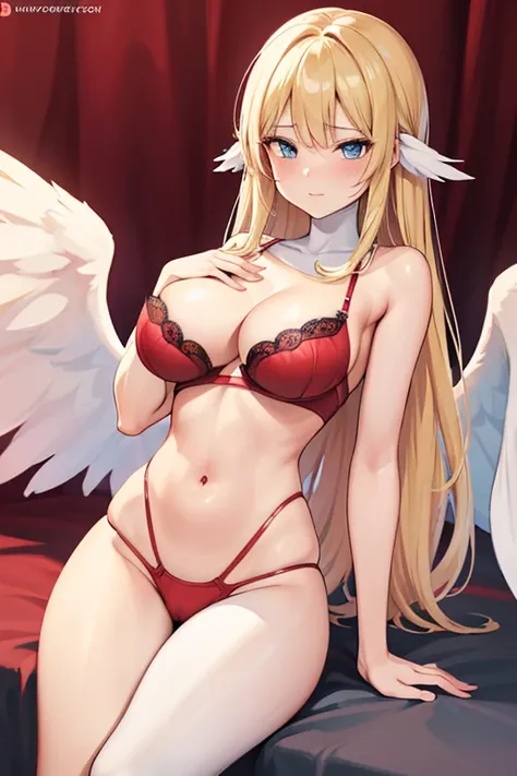 ((Best Quality)), ((Masterpiece)), (detailed), perfect faces, blonde hair, blue eyes, large breast, sexy, ((red color bra))), (((red color underwear))), (((red color lingerie))), cum in pussy, breast milk, angel wings