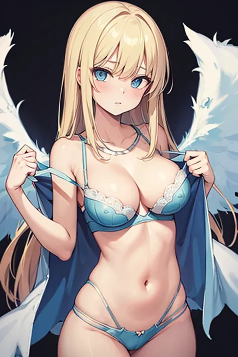 ((Best Quality)), ((Masterpiece)), (detailed), perfect faces, blonde hair, blue eyes, large breast, sexy, ((blue color bra))), (((blue color underwear))), (((blue color lingerie))), cum in pussy, breast milk, angel wings