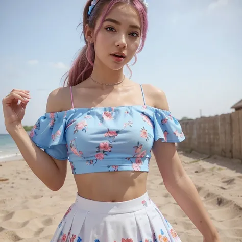 Thi girls, Blue and pink Off-the-shoulder crop top with a floral mini Blue and pink skirt، totally covered in white cum from top to bottom, tongue out