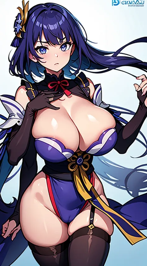 Raiden Shogun the  Bustiest Goddess from Genshin Impact looking like a hot babe,gourgeous goddess,beautifull,cute face with a large,curvy voluptuous body, massive breasts, thick thighs wearing see through reaveling outfit