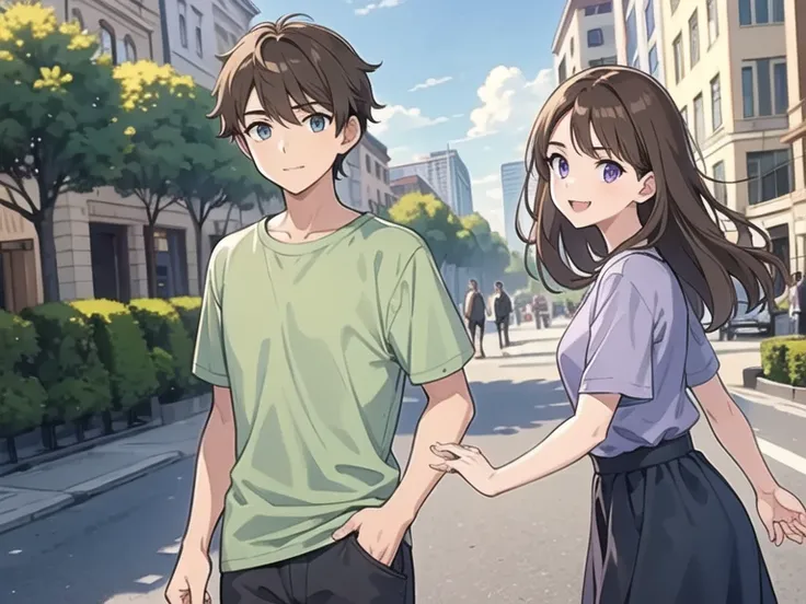 Best quality, Masterpiece, 1 boy, 1 girl, boy has short brown hair, green eyes, wear grey tshirt and farmer pants, best eyes, girl has long brown hair, purple eyes, wearing plain blue shirt, black long skirt, walking, smile, in the city, sunny day, 4K, loo...