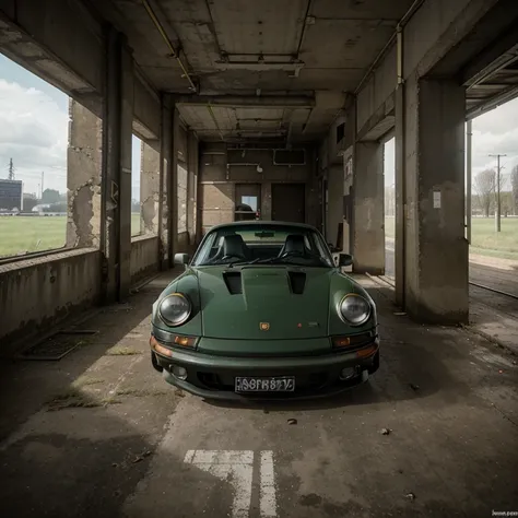 Hyperrealistische Kullisse im Ruhrgebiet,old colliery site with buildings where windows are broken. Inside is a Kawasaki green Porsche 911 with gold bbs cross-spoke rims, lowered and a Carrera lettering above the side skirts. Daneben steht ein Mann im busi...