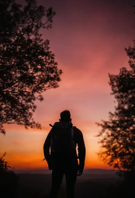 a silhouette shot of a person against a colorful sky during sunrise or sunset, with their backpack creating an interesting shape and adding a sense of exploration and outdoor adventure