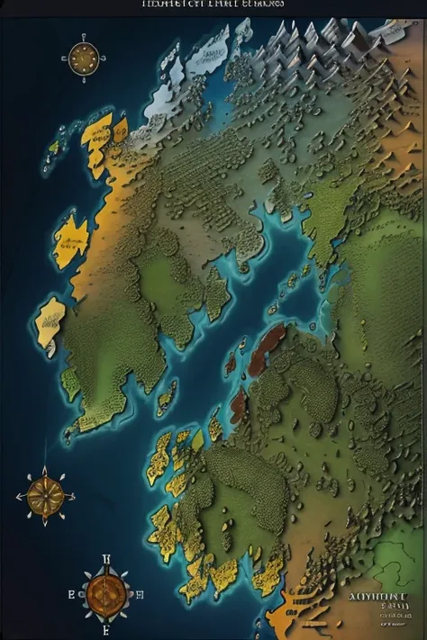 map of a continent, with colorations representing biomes, the west zone must have mainly glaciers and granite plateaus and the e...