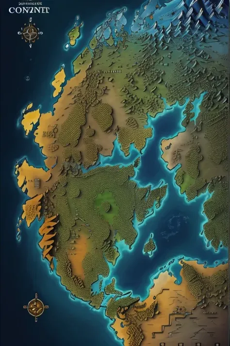 map of a continent, with colorations representing biomes, the west zone must have mainly glaciers and granite plateaus and the e...