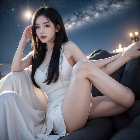 In the dark，An enchanting woman who shines like a star。She is tall，Slender waist，Like a fairy from the Nine Heavens coming from all over the world。Smooth black hair hangs down to her waist like a waterfall，A gentle breeze blowrush your hair into the air，Li...