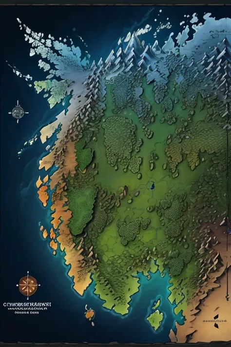 map of a continent, with colorations representing biomes, the west zone must have mainly glaciers and granite plateaus and the e...