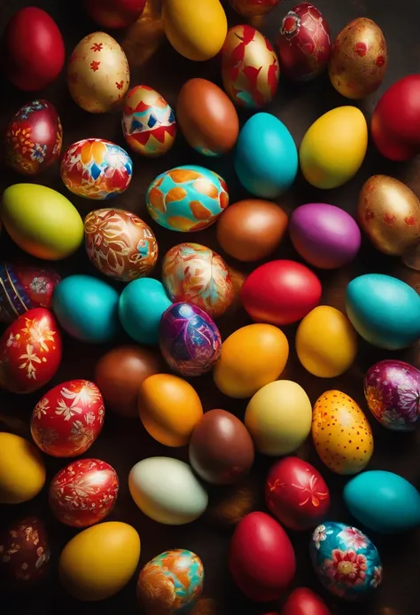 a top-down shot of a table filled with vibrant Easter eggs, some with hot wax patterns and others painted in bold colors, creating a visually dynamic and festive atmosphere