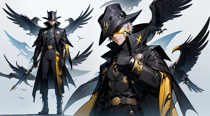 Man in futuristic style golden crow mask and hat and overcoat with futuristic style arcane costume and futuristic glove and holding a technological dagger and gray background with flying crows and playing cards and watercolor style