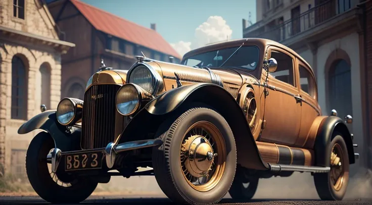 a close-up of a golden car with a bunch of pipes on the hood, carro steampunk, Steampunk dourado, besouro-inspired, besouro, tuning, steampunk stag besouro, Altamente detalhado Hyper Real Retro, Oilpunk, hyper detailed 3d render, hyper detailed 3d render, ...