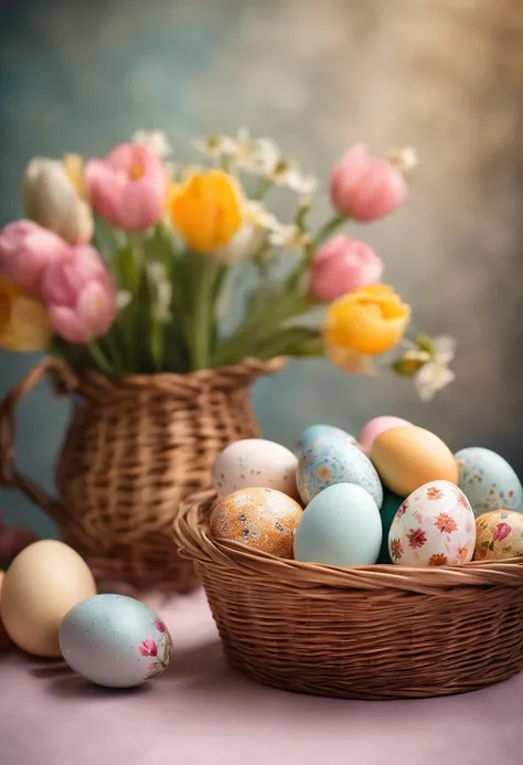 a still life shot of a wicker basket filled with hand-painted Easter eggs, with hot wax patterns adorning each egg, against a backdrop of pastel-colored spring flowers, creating a harmonious and festive scene