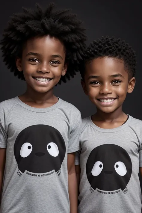 two children, meninos negros, dez anos, vestindo camiseta branca, imagem de meio corpo, background branco, sorridentes, dentes perfeitos