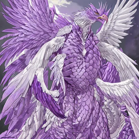 Bright purple soft scales all over the body，Bipedal single claw，Head like an eagle，long back wings，with its soft fur，Strong，non-upright walking，Warcraft