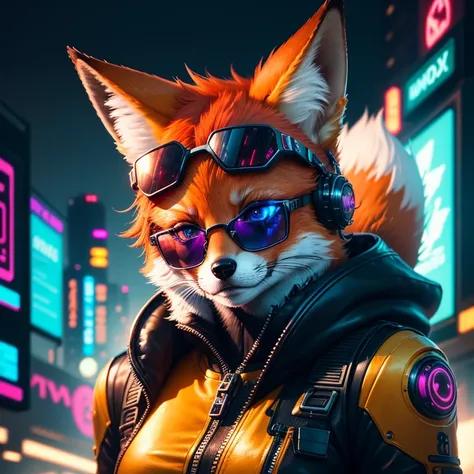 (best quality,8K wallpaper,close-up shot,adorable fox wearing mechanical gear and sunglasses,digitally cyberpunk style,neon signs,close-up)