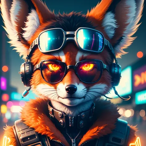 (best quality,8K wallpaper,close-up shot,adorable fox wearing mechanical gear and sunglasses,digitally cyberpunk style,neon signs,close-up)