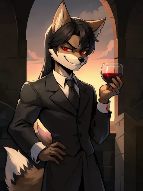 Furry, coyote man, black fur, ((thick long black hair)), red eyes, smirking, wearing a tuxedo, fluffy coyote tail, holding a wine glass, manor background