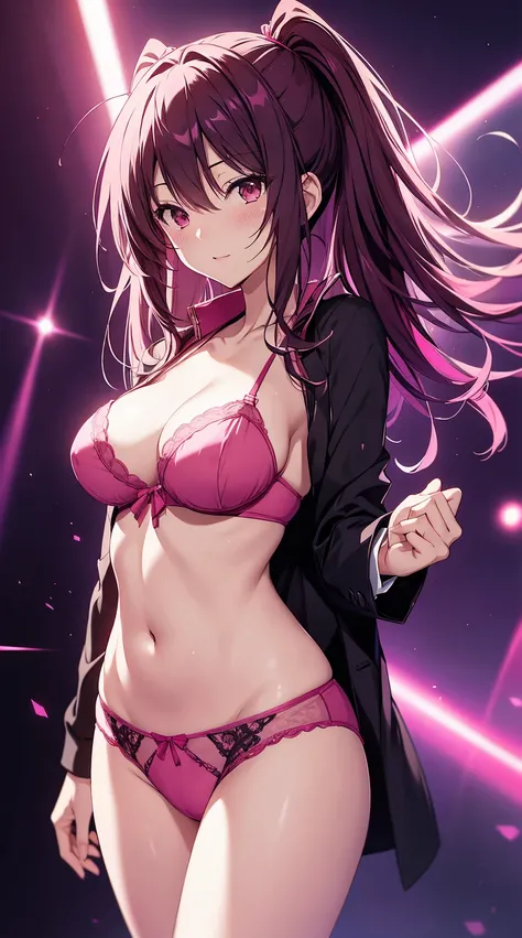 Kurumi Tokisaki, A MILF, Pink Panties, Pink bra, HD lighting anD Dark )<=(Spectacular image quality)Dark atmosphere with bright particle light(many effects in backgrounD)D