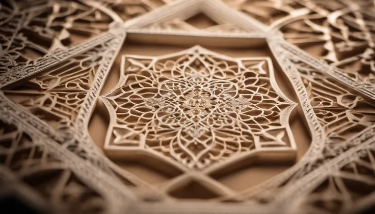 a creative shot of a neutral-colored paper background with a layer of translucent vellum on top, featuring intricate laser-cut geometric designs, creating a layered and dimensional effect