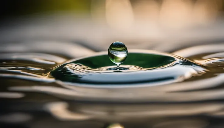 a close-up shot of a water droplet on a surface, capturing the intricate ripples and patterns formed by the vibrations, showcasing the dynamic nature of water under the influence of vibration