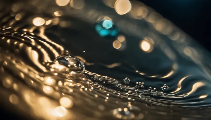 a macro shot of a vibrating water surface, showcasing the beautiful and intricate patterns created by the interaction of water molecules, with light reflecting off the ripples, creating a mesmerizing image