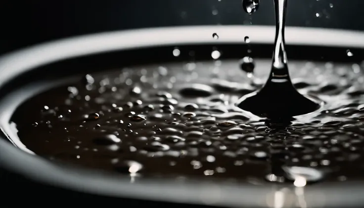 a high-speed shot of water droplets falling into a vibrating basin, freezing the moment when the droplets create captivating splashes and unique textures, highlighting the influence of vibration on the water’s behavior.