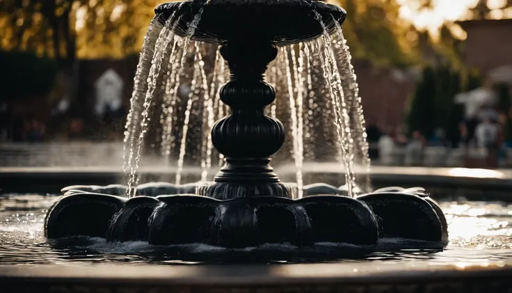 a creative shot of a water fountain under the influence of vibration, freezing the moment when the water forms intricate shapes and patterns, with light creating a beautiful interplay of shadows and highlights