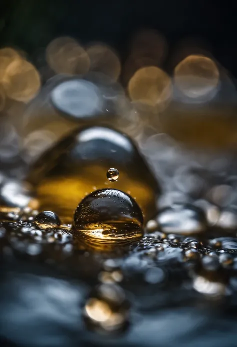 an abstract shot of water droplets on a vibrating surface, with multiple droplets creating unique and unpredictable patterns, showcasing the chaos and beauty that arises from the influence of vibration on water