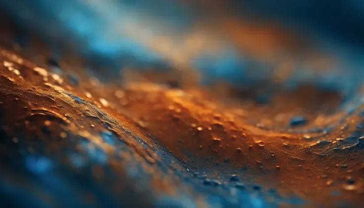 a high-resolution shot of a computer-generated abstract background, with a focus on the intricate details and textures of the blue and orange tones, creating a visually striking and realistic representation of acrylic paints