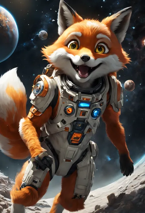 (masterpiece), super detailed, best quality, ultra high res, highres, 8k, UHD, HDR, art by mooncryptowow, Children, laughing, fox in space