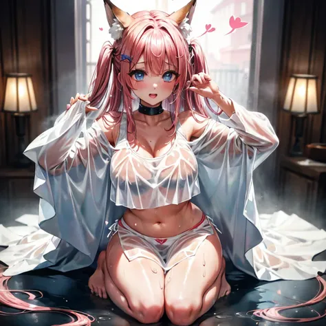 One girl anime styled。girl with。Blue eyes。 in estruig fox Tail。Looking at the camera,fox ear, pink hair, white crop top, fox tail, girl 18 old , utral light, sitting in the bedroom,hair hair, wear pantie, wear dress, salon,Wet and see-through、cute little、b...