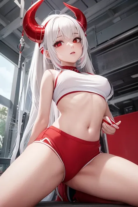 (best quality:1.2), (masterpiece:1.2), detailed, perfect face, anime, Woman, white hair, small red horns, red eyes, wearing a red top and gym shorts (NSFW), vibrant colors, soft lighting, painterly style, dynamic pose