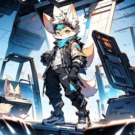 boy，Fennec fox ，Dressed，systemic，Young，adolable，cyber punk style，The is standing，独奏