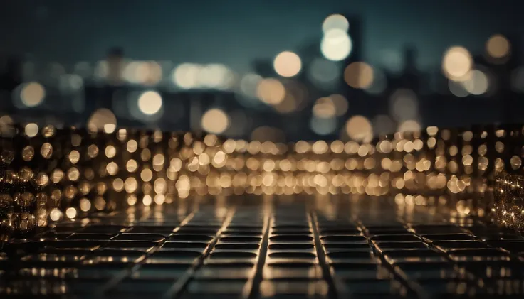 a dynamic shot of a bokeh cityscape background, with circle lights arranged in a geometric pattern or grid, creating a visually pleasing and structured composition, ideal for adding a touch of symmetry to the design