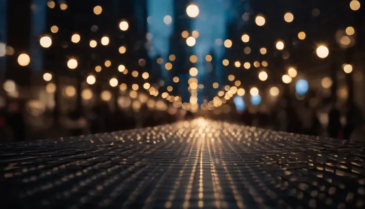 a dynamic shot of a bokeh cityscape background, with circle lights arranged in a geometric pattern or grid, creating a visually pleasing and structured composition, ideal for adding a touch of symmetry to the design