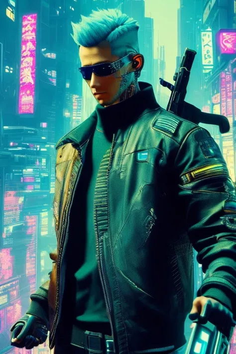 masterpiece, digital art, unreal engine, high definition, man with two magnus guns, long fiber optic hair, super realistic body with clothes in the style of cyberpunk 2077, on top of a skyscraper full view of the city of cyberpunk 2077