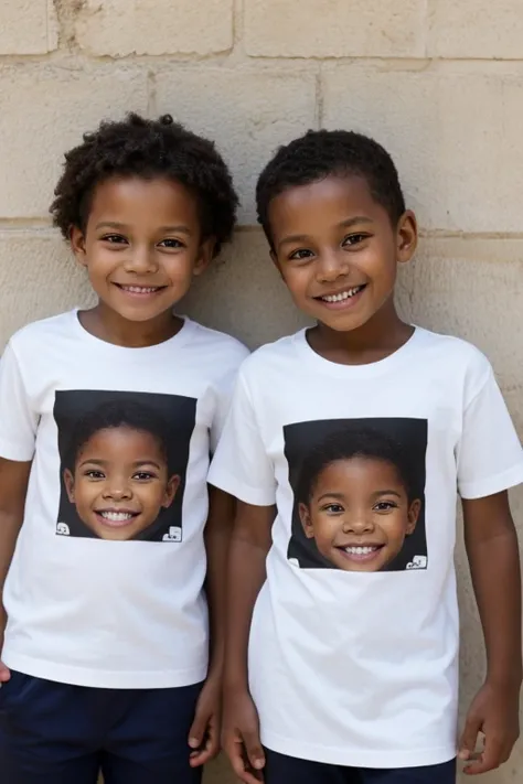 two children, meninos negros, dez anos, vestindo camiseta branca, imagem de meio corpo, background branco, sorridentes, dentes perfeitos, camera lente 24mm, image from a distance