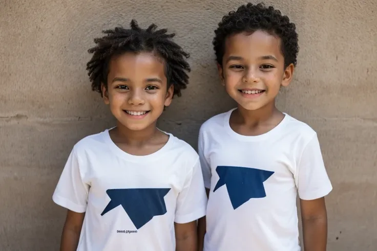 two children, meninos negros, dez anos, vestindo camiseta branca, imagem de meio corpo, background branco, sorridentes, dentes perfeitos, camera lente 24mm, image from a distance