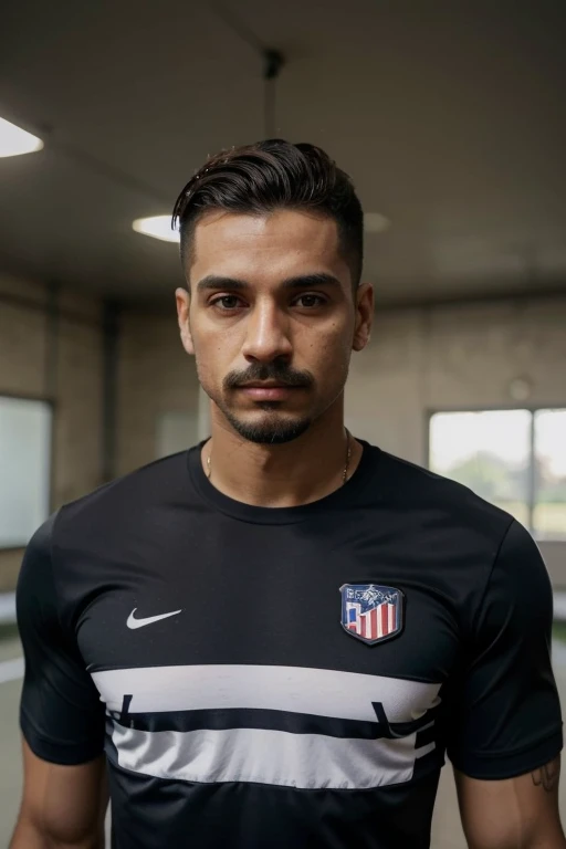 Homem, 23 anos, cabelo preto curto, olhos castanhos, militar, com bigode, usando uma camiseta branca e um short de atletismo, corpo atletico, olhar sereno e firme, ombros largos. make him as masculine as possible. camiseta branca justa ao corpo