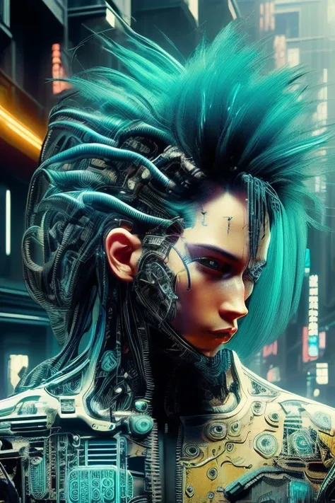 masterpiece, high definition, unreal engine, man with long baby blue hair made of fiber optic cables, fusion of bio mechanical parts and futuristic leather clothing with light effects, angry look, 2 futuristic weapons in cyberpunk style full body , perfect...