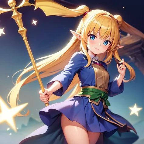 Anime image of an elf girl with a small body is holding a magic staff and wearing medieval clothes