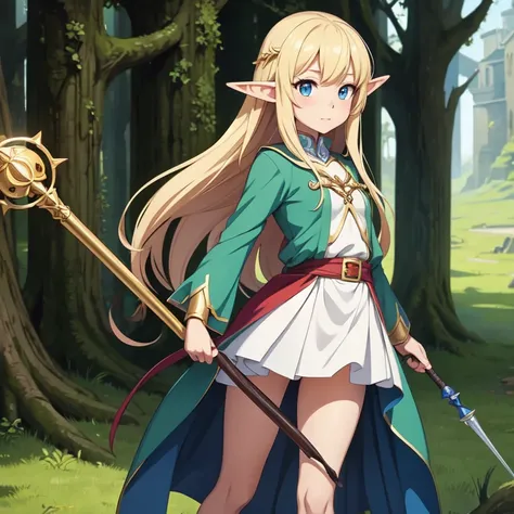 Anime image of an elf girl with a small body is holding a magic staff and wearing medieval clothes